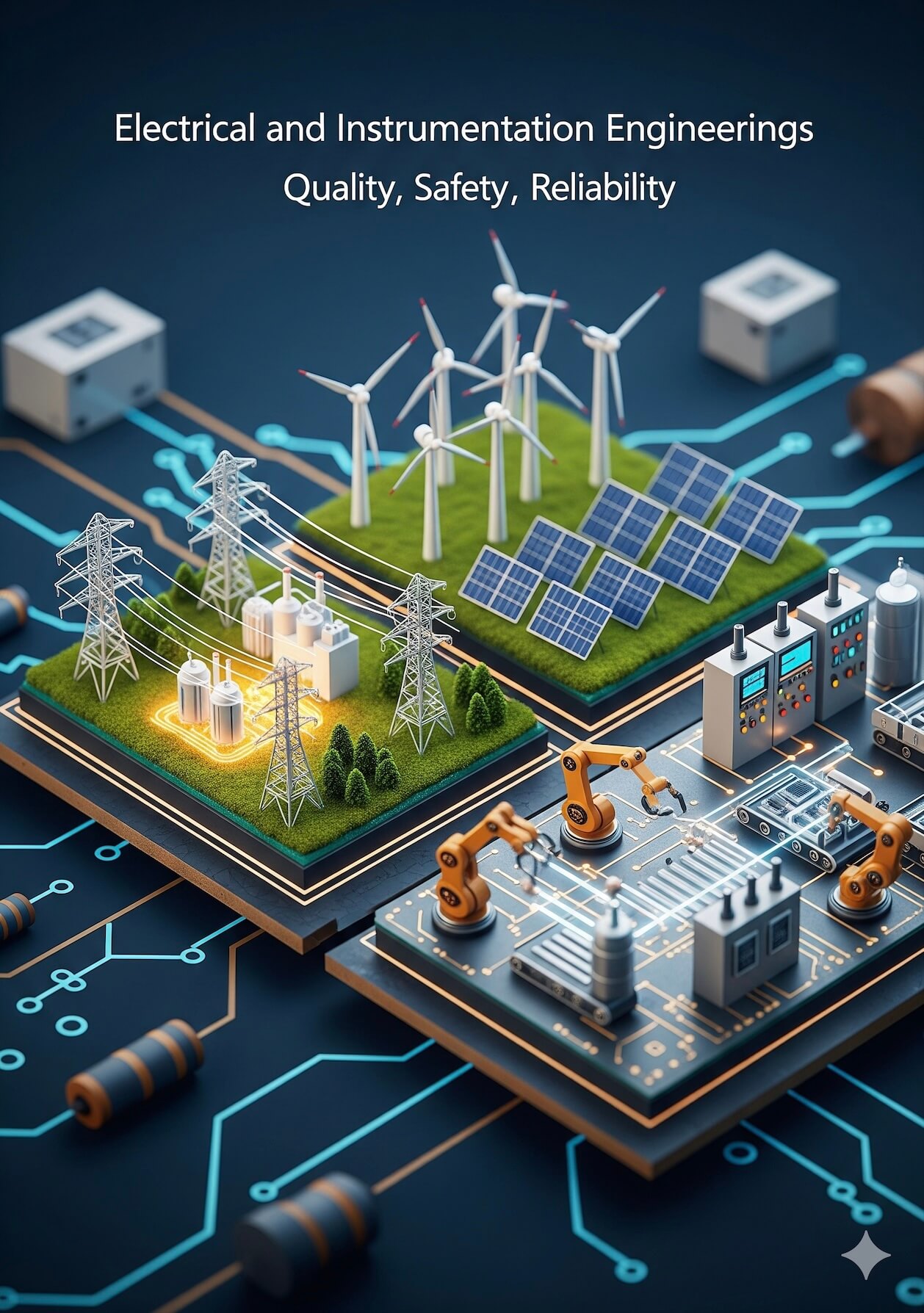 Isometric view illustrating E&I Engineers' comprehensive solutions, including power transmission towers, industrial facilities, wind turbines, and solar panels, emphasizing quality, safety, and reliability within a connected electrical infrastructure.
